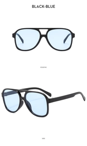 Front and side view of black double-bridge aviator sunglasses with blue lenses