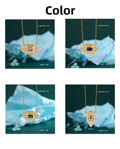 Detailed grid view of vintage geometric pendants with colorful crystals and gold chain