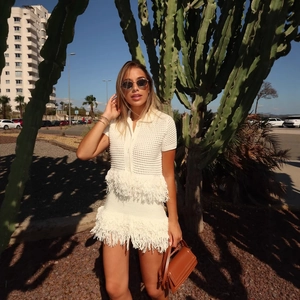 Cardigan Polo In Maglia E Minigonna Da Donna Traforato Frange Stile Boho Tenue Per Vacanze Estive