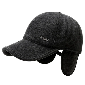 Men's winter grey wool baseball cap with ear flaps and metal sport emblem