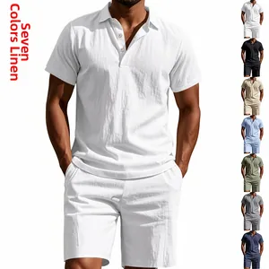 Detail of breathable linen polo shirt and shorts set available in seven colors