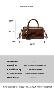 Size chart showing 22x13x8cm dimensions for the brown PU leather crossbody handbag