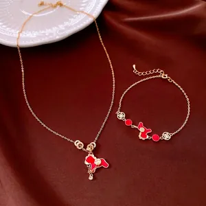 Collier Et Bracelet Cheval Du Zodiaque Cuivre Plaqué Or Émail Rouge Pendentif Pièce De Chance Style Chinois Élégant Femme