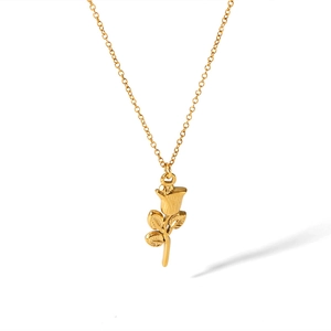 Macro shot of 18K gold plated rose flower pendant with detailed matte petals and chain