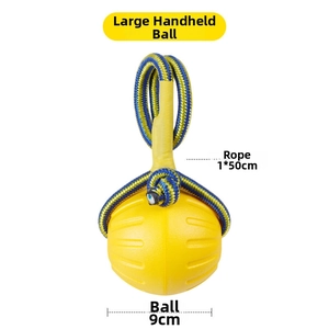 Detail of dog training ball with rope showing 9cm diameter and 50cm cord length