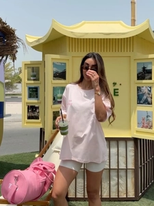 Pink oversized t-shirt for women with Just Here embroidery and drop shoulder design
