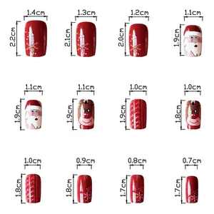 Winter short square fake nails featuring Christmas elk and snowman relief designs
