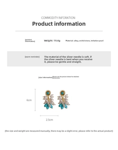 Detail showing vintage drop earrings with turquoise beads, pearls, and size measurements
