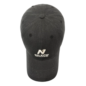 Dark grey washed denim baseball cap with N GRACE embroidery and curved brim in 45-degree view