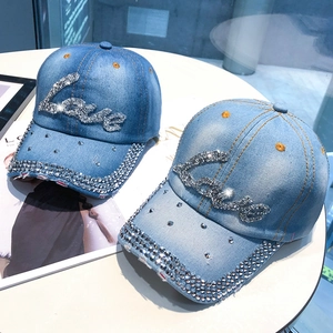 Denim baseball cap for women with Love rhinestone lettering and crystal brim decoration