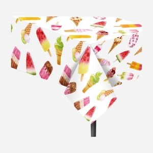 Detailed pattern of colorful ice cream and popsicles on a white party tablecloth
