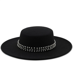 Minimalist black wide-brim wool hat with elegant pearl and rhinestone decoration