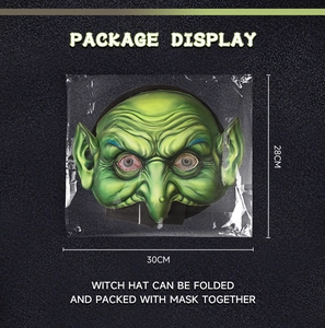 Package display of green witch mask with foldable hat, 30cm by 28cm stage prop