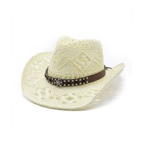 Creamy white handwoven straw cowboy hat with hollow mesh texture and studded leather band