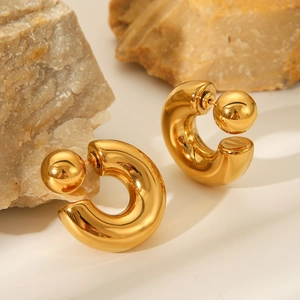 Minimalist gold C-shape stainless steel hoop earrings with large sphere backings