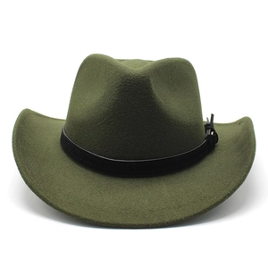 Olive green western wool cowboy hat with black leather band and metal buckle detailing