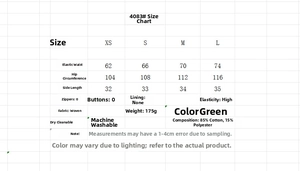 Detaillierte Größentabelle für High-Waist-Shorts mit Stickerei aus grüner Baumwolle