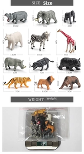 Size chart showing height and weight for 12 mini jungle animal figurines like lion and giraffe