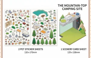 Detail of mountain camping PET stickers set with tents and forest scenery cards