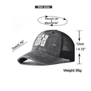 Size guide for washed grey cotton trucker hat with Fish Fear Me slogan print