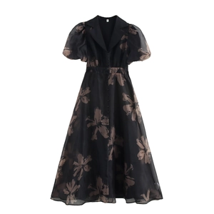 Robe Longue Maxi Imprimé Fleuri Rétro Français Organza Manches Bouffantes Col Chemise Bouton Devant Élégante
