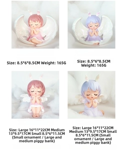 Detailed size comparison of angel girl ornaments and piggy banks in pink and purple