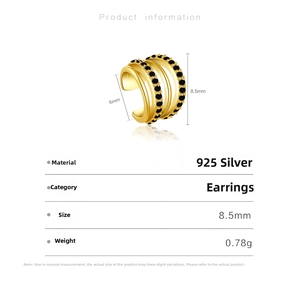 Detailed close-up of 925 sterling silver triple-layer ear cuff with black cubic zirconia