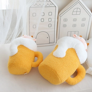 Cute beer mug plush toy set with cartoon cow design in soft yellow sherpa fleece
