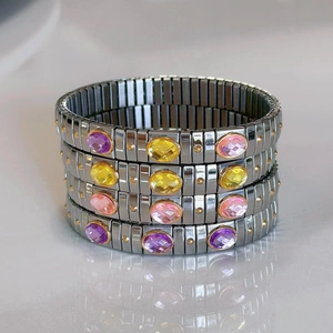 Italian style stainless steel stretch bracelets with colorful gemstone charms for women