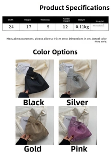 Tableau des tailles et sacs à nœuds en strass disponibles en argent doré noir et rose