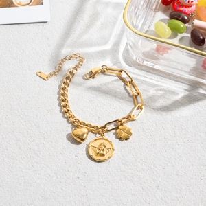 Bracelet en acier inoxydable plaqué or 18 carats avec pendentifs ange cœur et trèfle