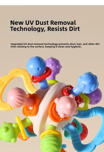 Detail of colorful sensory ball featuring textured loops and movable rings for baby teething