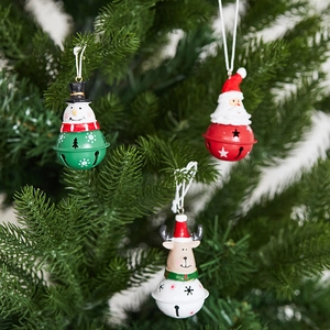 Set of 3 metal Christmas bell ornaments featuring Santa, Snowman and Reindeer