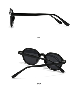 Side and back view of retro black polarized sunglasses with glossy acetate frames