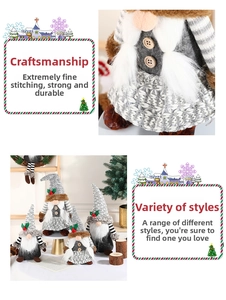 Detail of knitted Christmas gnome dolls with holly leaf accents and wooden button decor