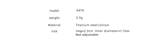 Detailed specifications for titanium steel and zircon ring with model and size info