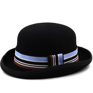 Elegant 100% wool dome hat for women with a colorful striped ribbon and curled brim detail