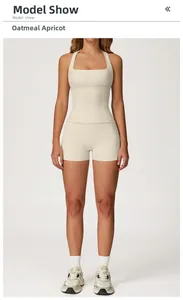 Oatmeal Beige yoga set featuring square neck tank top and high waist shorts on model