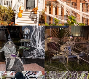 Outdoor Halloween spider web decor set showing webs and large spiders on porch and fence
