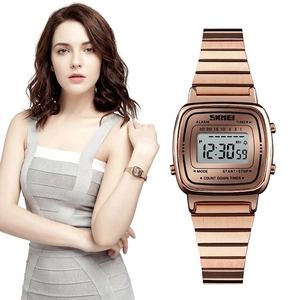 Skmei women's rose gold stainless steel digital watch with a sleek link bracelet band