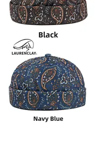 Détails des bonnets miki rétro à motif paisley en noir et bleu marine profond