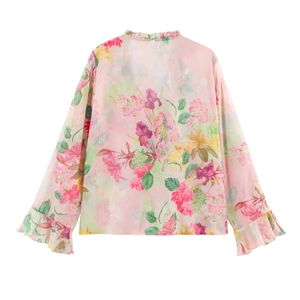 Pink floral print poplin shirt with gold buttons and tiered ruffle sleeve cuffs