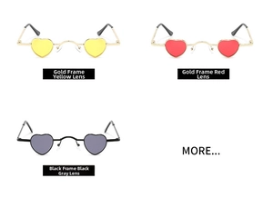 Detail view of heart-shaped sunglasses in gold, red, and black color variations