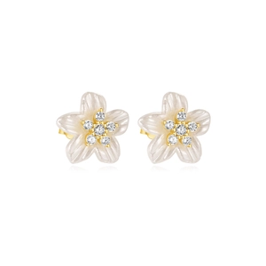 Detail of five-petal flower stud earring with pearlescent finish and crystal center