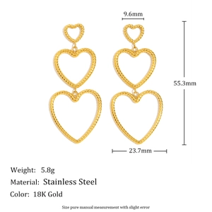 Three-layer hollow twisted rope heart earrings in 18K gold plated stainless steel finish