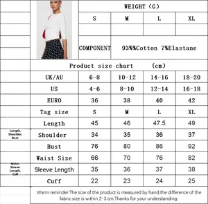 Detailed size chart for light blue slim crop top with 93% cotton material measurements