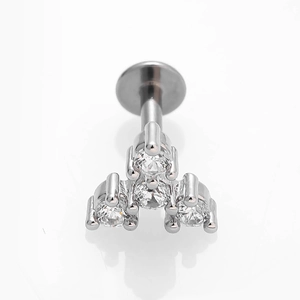 Detail of 316L stainless steel flat back earring with four clear zircon clusters