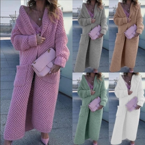 Women's long knit cardigan with oversized pockets available in multiple solid colors
