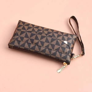 Checkered pattern long PU leather clutch bag with golden hardware and wristlet strap