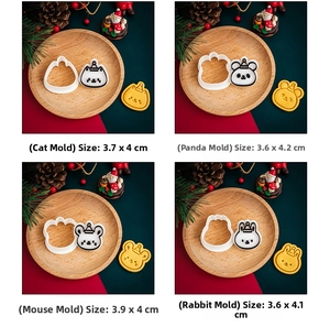 Detailed view of four mini cartoon animal cookie cutters with precise measurements